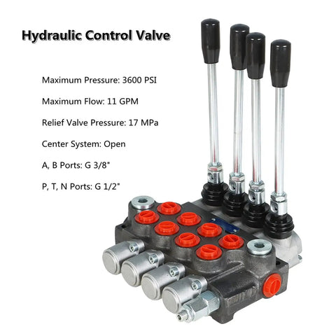 Four Spool Hydraulic Control Valve With 11 GPM Flow, 3600 PSI Max, BSPP Interface; heavy duty cast iron construction, front view