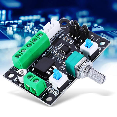 Stepper motor controller board with green terminal blocks, white/blue connectors, and metal shaft potentiometer.