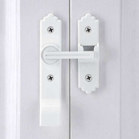 Two Pack 180 Degree Barn Door Lock With Handle, Heavy Duty Flip Gate Latch For Sliding Doors, white metal on wooden door
