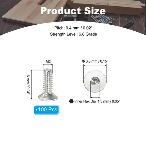 Diagram showing M2 By 6mm Flat Head Socket Cap Screws 100 Pack Durable 304 Stainless Steel with dimensions and hex socket details.