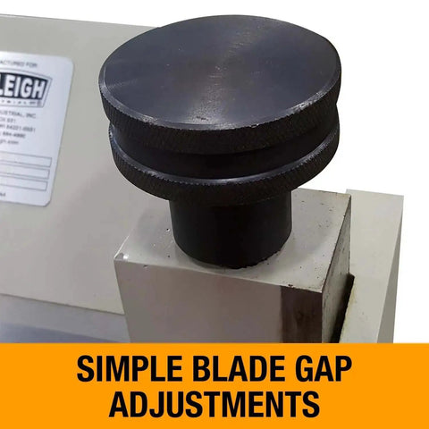 50 Inch Box And Pan Brake For 14 Gauge Mild Steel with dual end knob pressure controls, close-up of adjustment knob for blade gap.