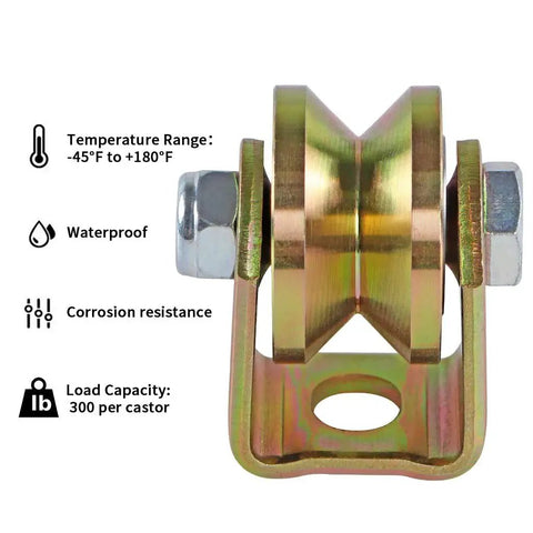 V Groove Caster 1.25 Inch Wheel With Bracket For Inverted Track, corrosion resistant, 300 lb load per wheel, shown front view