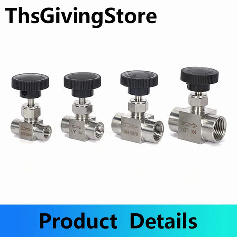 4x 304 stainless steel G female needle valves with black knobs; sizes 1/8–1/2 in
