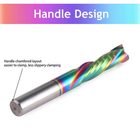 Close-up of a single Compression CNC Router Bit for Woodworking, Spiral End Mills, 1/8 Inch Shank, DLC Coated Solid Carbide