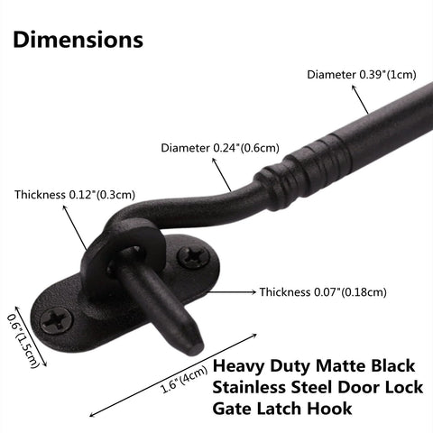 Dimensions of 8 Inch Heavy Duty Barn Door Hook And Eye Latch, Solid Extra Thick Sliding Door Lock For Barn Gate Privacy, Black Finish