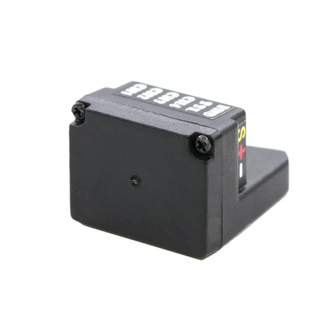 Close-up of a 4 Channel 10 Channel 2.4GHz F4x Receiver For Futaba T10PX with visible channels and compact black design.