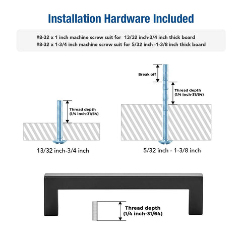 Installation guide and screws for Sleek Black Cabinet Pulls 5 Inch Square Drawer Handles 128mm Hole Centers 2 Pack.