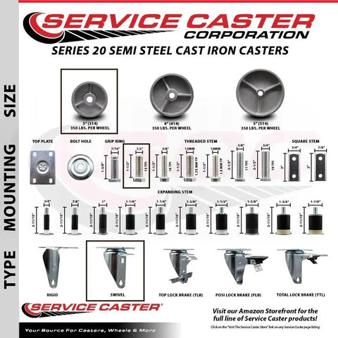 Service Caster Series 20 Semi Steel Cast Iron Casters product chart detailing sizes, types, and mounting options for heavy-duty applications.