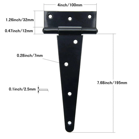 Black 8 Inch T Strap Barn Door Hinges Heavy Duty Gate Hinge Set Wrought Iron Rustproof with dimensions shown