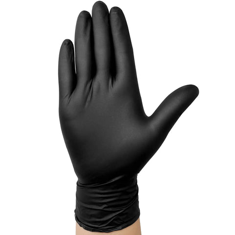Person wearing a Heavy Duty Black Nitrile Exam Glove 6-Mil Large Latex Free Food Safe, showing glove's thickness and texture.