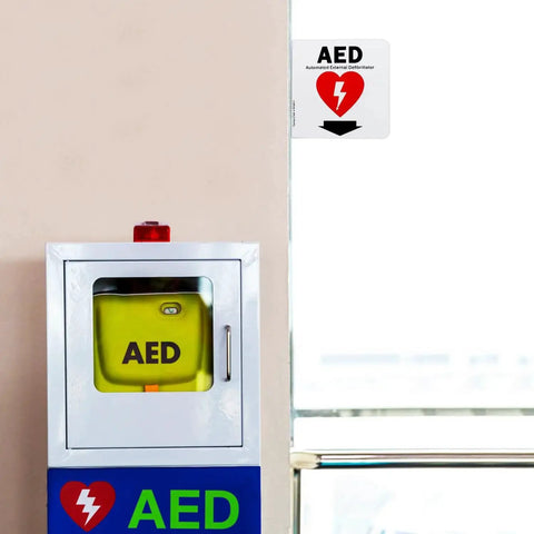 High Visibility AED Sign With Down Arrow Faittoo 6x6 Inch Acrylic Double Sided 90 Degree Projection above AED cabinet