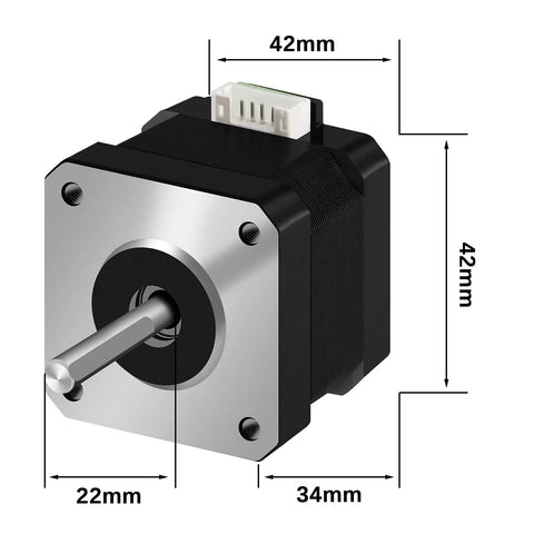 NEMA 17 stepper motor with silver faceplate, black housing, exposed shaft and four mounting holes (42x34mm)