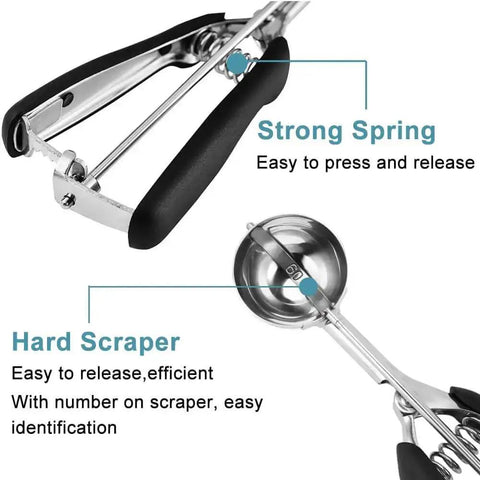 Close-up of Triple Cookie Scoop Set with 1 Tbsp, 2 Tbsp, and 3 Tbsp sizes, featuring strong spring and hard scraper, 18/8 stainless steel design.