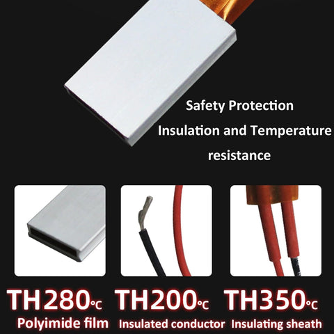 Two aluminum-shell PTC plate heaters with polyimide film insulation, 12V, 5–50W, insulated red and black leads