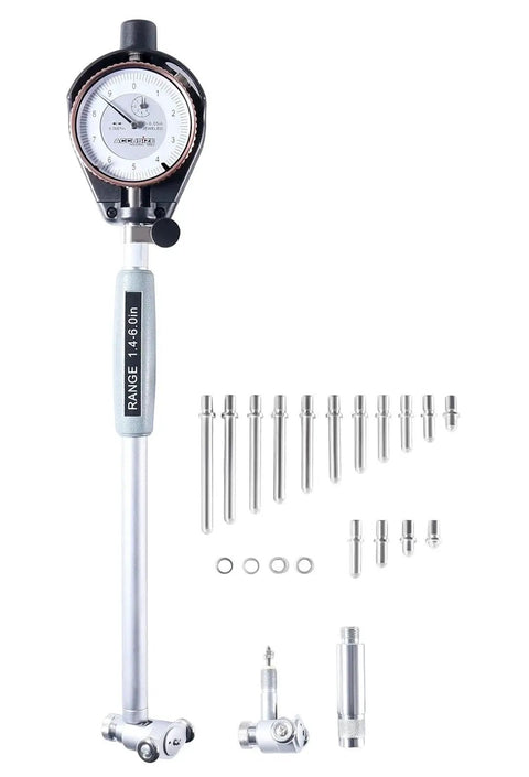 Dial Bore Gauge Set With 1.4 To 6 Inch Range And 0.0001 Inch Graduation, Carbide Tips For Long Wear, Bezel Lock For Easy Zero Setting