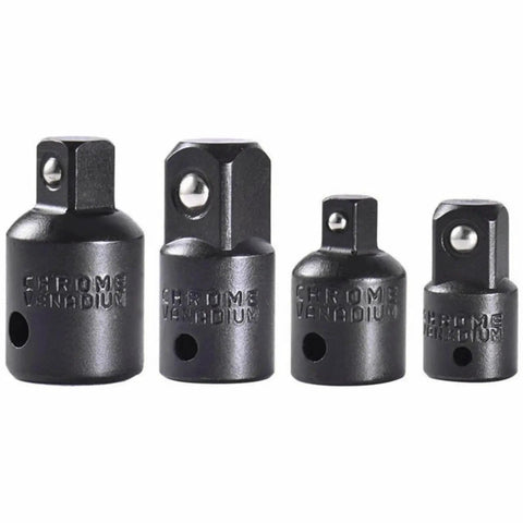 Front view of four-piece chrome-vanadium drive sleeve adapters set (1/4, 3/8, 1/2 in) with square drives