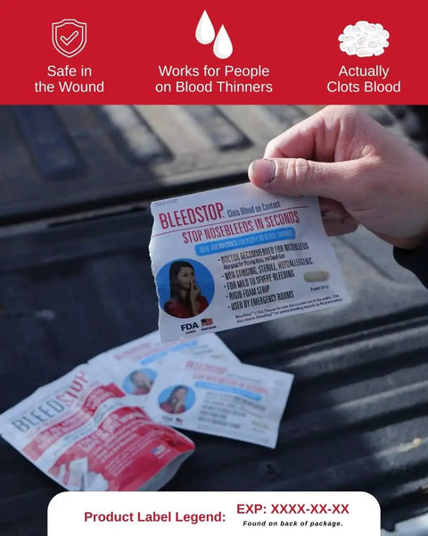 Person holding Fast Acting Nosebleed Strips With Blood Coagulant Foam Inserts package for rapid hemostasis in hand.