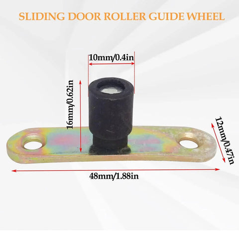 Four Piece Sliding Door Roller Guide Wheel With Ball Bearings For Barn Doors Floor Flush Mount Stay Roller With Screws 10mm Wheel Diameter Galvanized Metal For Quiet Smooth Sliding And Low Maintenance, showing a 10mm wheel on a 48x12mm metal guide body