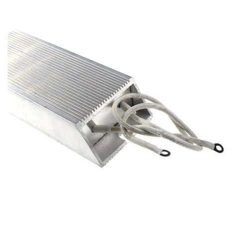 Aluminum-cased high-power fixed resistor (200W, 5Ω) with ribbed heatsink and ring-terminal leads