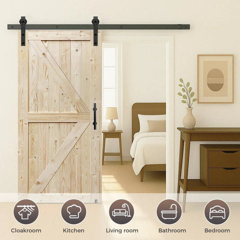 Knotty Pine Barn Door 36 By 84 Inches Unfinished Solid Wood Double Surface With Six Point Six Foot Sliding Hardware Kit in bedroom