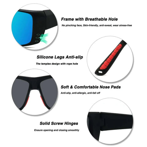 Floating Polarized Fishing Sunglasses for Men and Women, Ideal for Boating Sailing and Beach Days, UV400 Protection, featuring frame details, silicone legs, nose pads, and screw hinges.