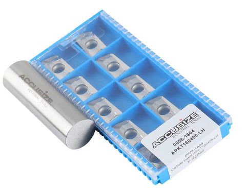 APKT160408-LH Carbide Inserts for Aluminum Machining 10 pack in plastic box with uncoated metal sample cylinder visible