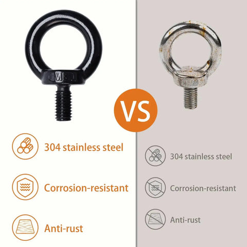 Comparison of M8 Lifting Eye Bolts Set Of 4 Stainless Steel 304 Black vs untreated, showing rust resistance and durability.