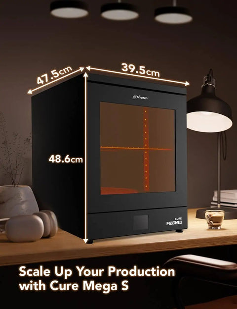 Game Changer 360 Degree UV Curing Station For 3D Prints with Clear Enclosure on a Desk, Dimensions Labeled