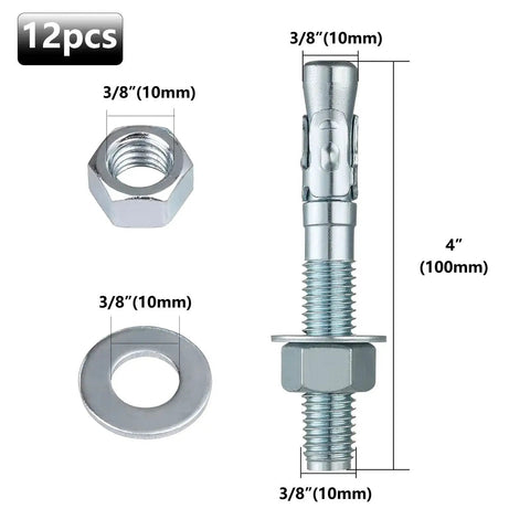 12 Pieces Three Eighths Inch By Four Inch Zinc Plated Wedge Anchor Heavy Duty Concrete Fasteners Carbon Steel Expansion Bolts