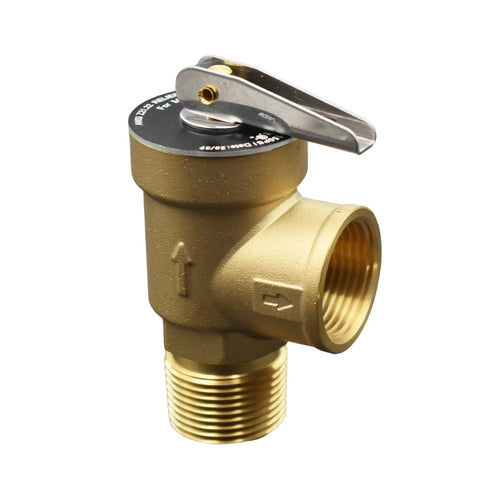 Brass pressure relief valve with lever handle, 3/4 in NPT female thread, 150 PSI, water heater compatible.