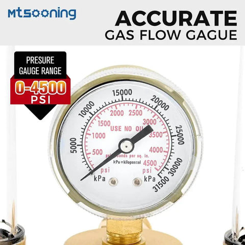 Close-up of 4500 PSI high precision gauge from Dual Output Argon Regulator With Flow Meter For MIG TIG Welding, CGA580 Inlet