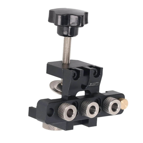 Front view of 3 In 1 Doweling Jig Kit with anodized aluminum body and brass limit block, showing rock solid fixing clamp and drill alignment feature.