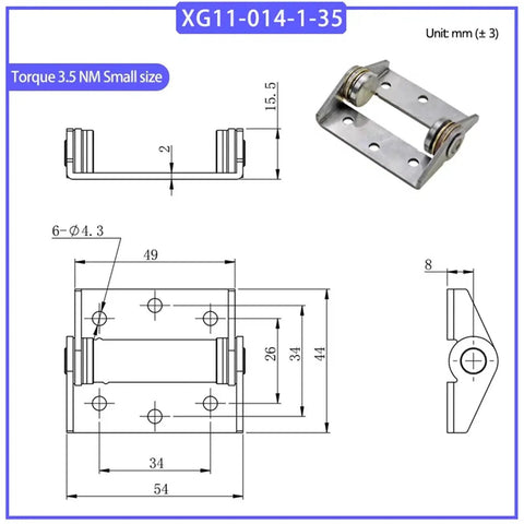 Damping torque hinge, stainless steel, 3.5 Nm, front view for industrial pivot door hinge, 1 pc