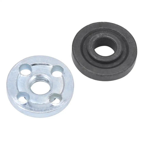 Angle grinder chuck adapter kit: silver metal flange with four mounting holes and center bore, plus black rubber spacer