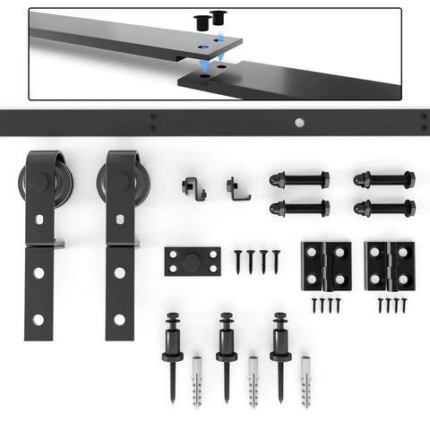 Bi-Folding Sliding Barn Door Hardware Kit For Two Doors 40 Inch Rail components with screws, hangers, and track shown.
