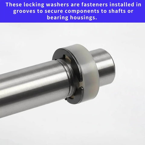 E clip retaining ring from 1100 Piece E Clip Retaining Rings Set securing component on metal shaft, industrial use visible.