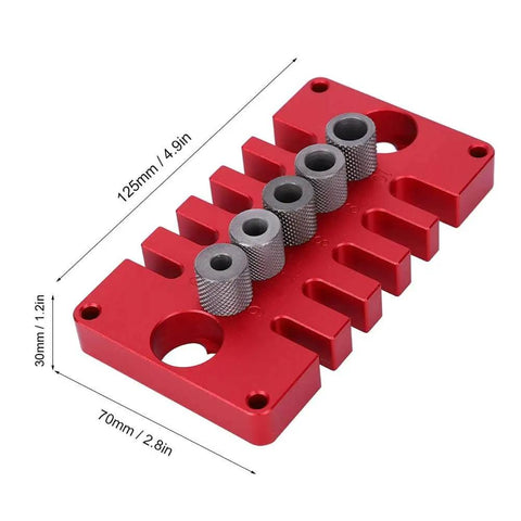 3-In-1 Dowel Jig Drill Guide Block for Woodworking, aluminum alloy hole locator in red, side view showing drill bushings