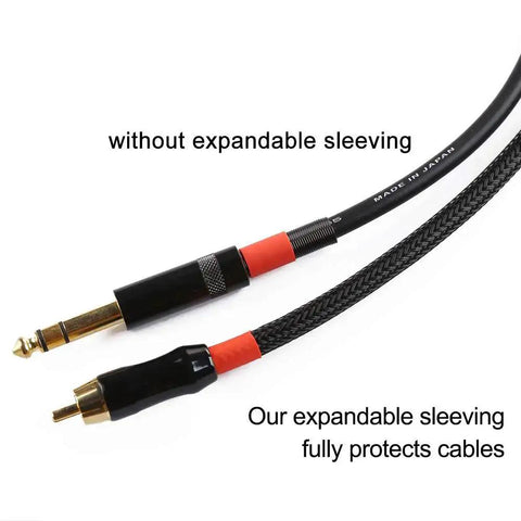 Comparative view of audio cable with and without Expandable PET Braided Cable Sleeve 1/4 Inch And 1/2 Inch, 25 Ft Each, 50 Ft Total, Black.