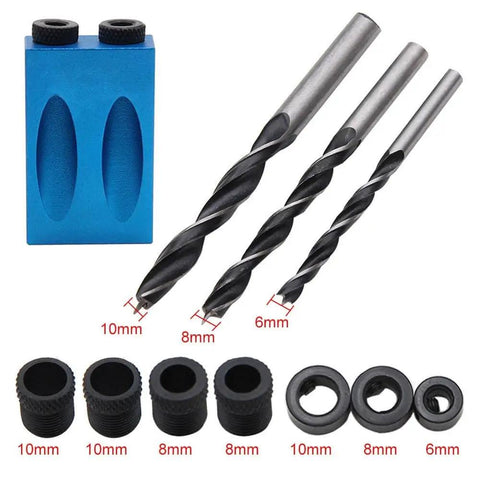 14 Piece Pocket Hole Jig Set With 15 Degree Dowel Drill Joinery Kit And 6 8 10mm Drive Adapters For Woodworking And Carpentry Aluminum And High Speed Steel Tool For Precise Angle Drilling And Strong Joints, featuring aluminum jig block and drill bits.