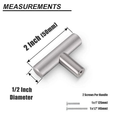 Solid Single Hole T Bar Cabinet Handle with 50mm length, brushed nickel, showing 2 inch diameter and screws dimensions.