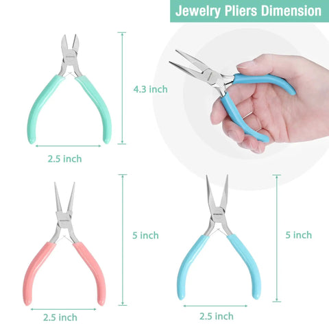 Jewelry Pliers Set 3 Pack With Mini Needle Nose Pliers, Chain Nose Pliers, Round Nose Pliers, And Wire Cutter dimensions and colors