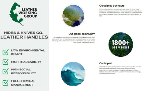 Leather Working Group infographic with environmental and social responsibility info from Hides & Knives Co. Leather Handles