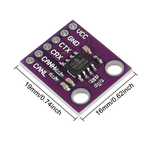 High Speed CAN Bus Interface Module With MCP2551 Transceiver, showing dimensions, ISO 11898 compliant, for 24V systems.