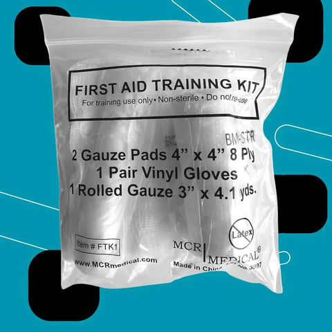 Box Of 100 Basic First Aid Training Kits Each Kit Includes 2 Gauze Pads 1 Pair Gloves And Rolled Gauze 4.1 Yards Latex Free For Training Purposes Only Now, packaged kit