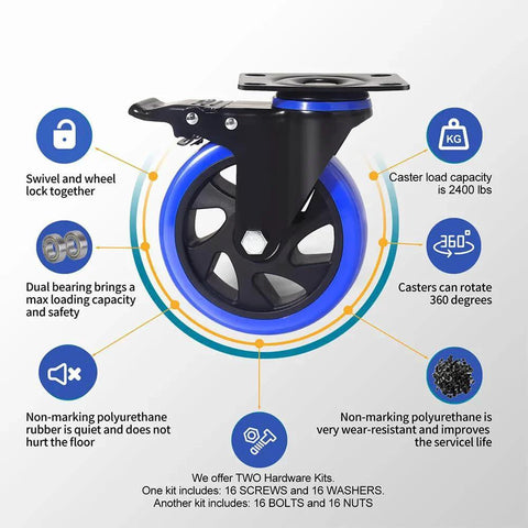 Diagram of 5 Inch Caster Wheels Set Of 4 Heavy Duty With Dual Locking Brakes and Quiet Polyurethane Foam Wheels, showcasing features and benefits.