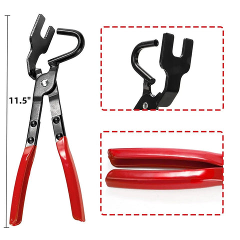Exhaust Hanger Removal Pliers With 4 Hole Rubber Kit For Universal Car Hangers, showing 11.5-inch pliers with red handles.