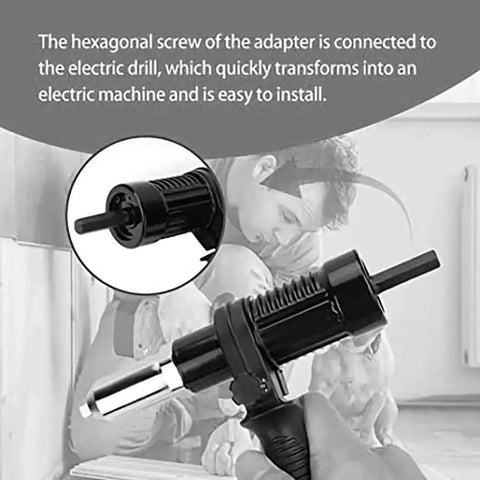 Electric Rivet Gun Attachment Kit For Drill With Four Rivet Heads, close-up view showing alloy steel body and hexagonal adapter.
