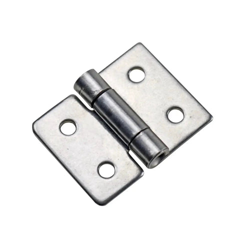 Close-up of stainless steel damping torque hinge with two mounting plates and hinge pin for cabinet doors.
