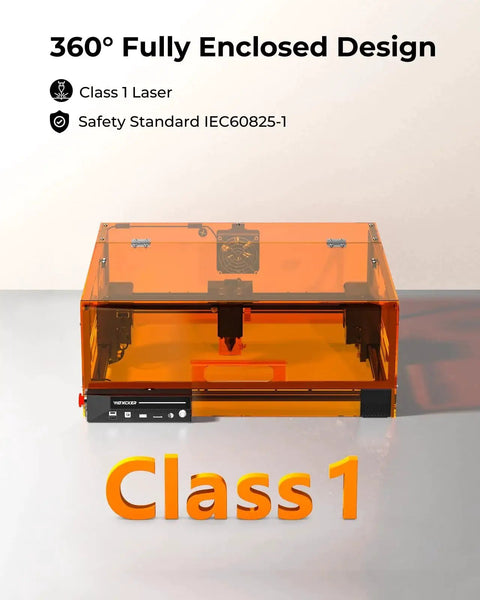 Enclosed 10W Laser Engraver For Precise Wood Metal Glass And Stainless Steel With 300x300mm Bed, front view showing Class 1 enclosure