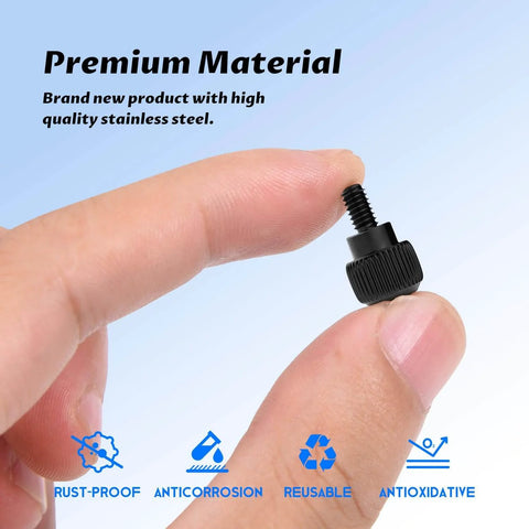 Close-up of a finger holding a black stainless steel thumb screw, highlighting rust-proof and antioxidative features